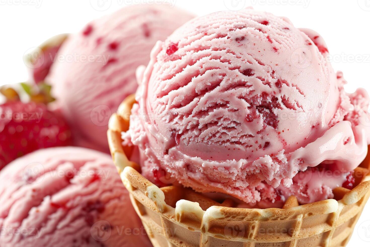 Three Scoops of Strawberry Ice Cream in a Waffle Cone photo