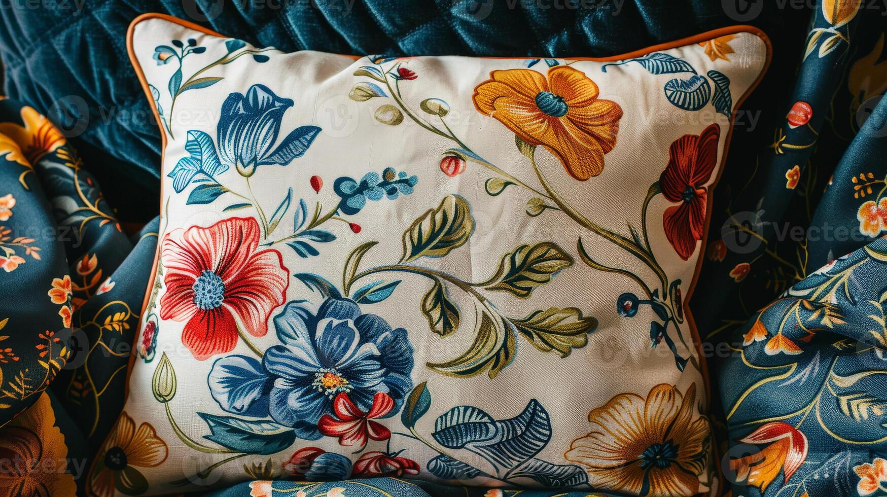 Blue Chair With Floral Pillow photo