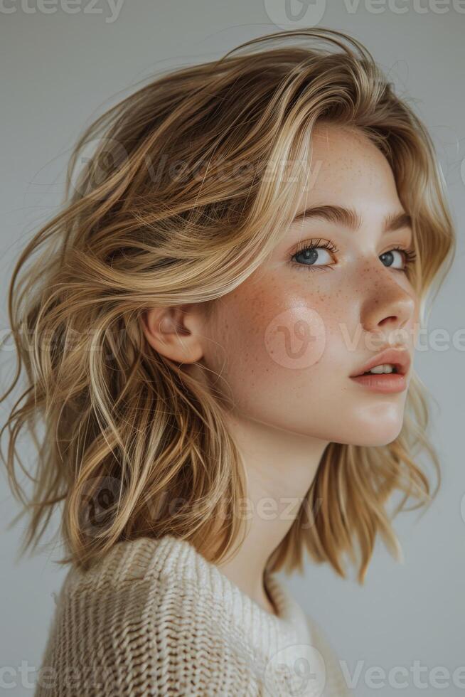 Blonde Woman Wearing Sweater photo