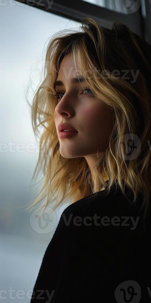 Portrait of a Person Looking Out a Window photo