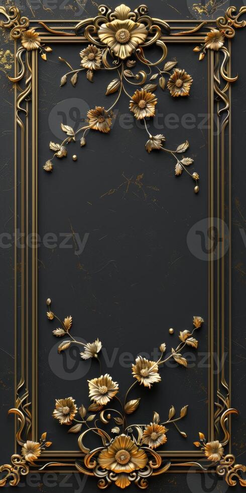 Golden Floral Picture Frame on Black Background photo