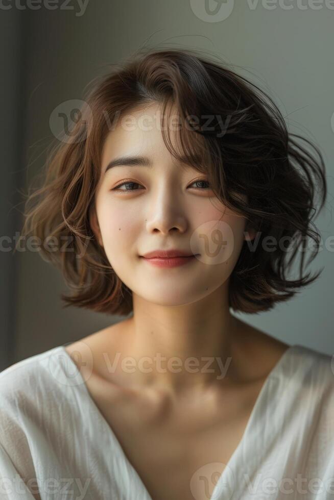 Korean Woman in White Shirt With Short Hair photo