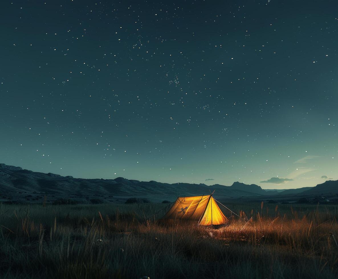 Tent Pitched in Night Field photo