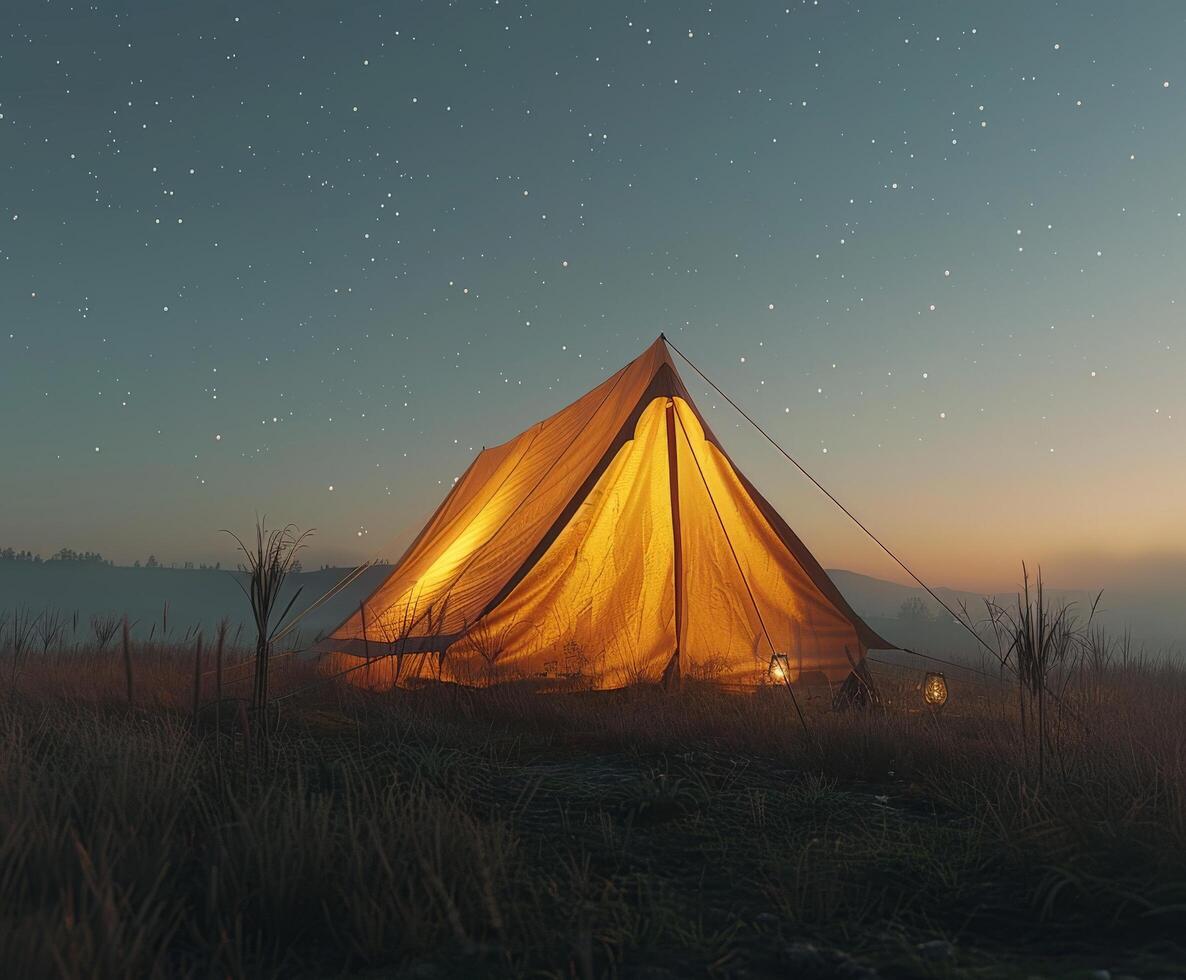 Tent Standing in Field Under Night Sky photo