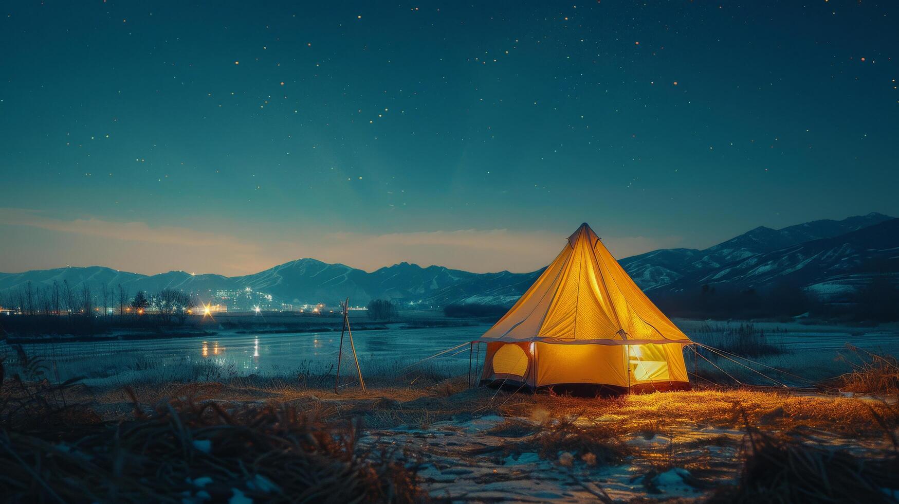 Tent Set Up in Snow at Night photo