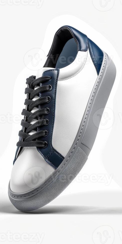 White and Blue Sneaker With Black Laces photo