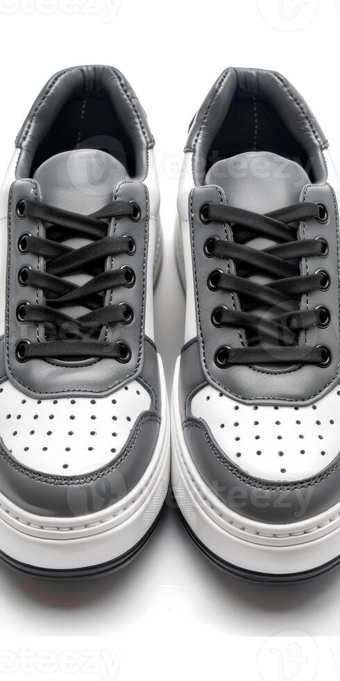 Stylish White and Grey Sneakers With Black Laces photo