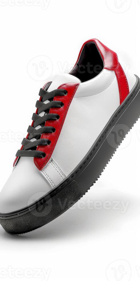 White and Red Shoe With Black Laces photo
