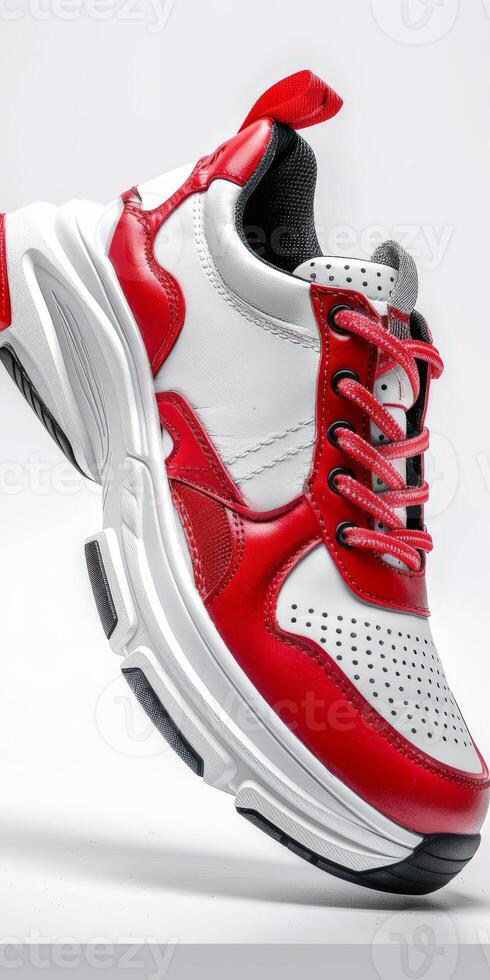 Red and White Sneakers on White Background photo