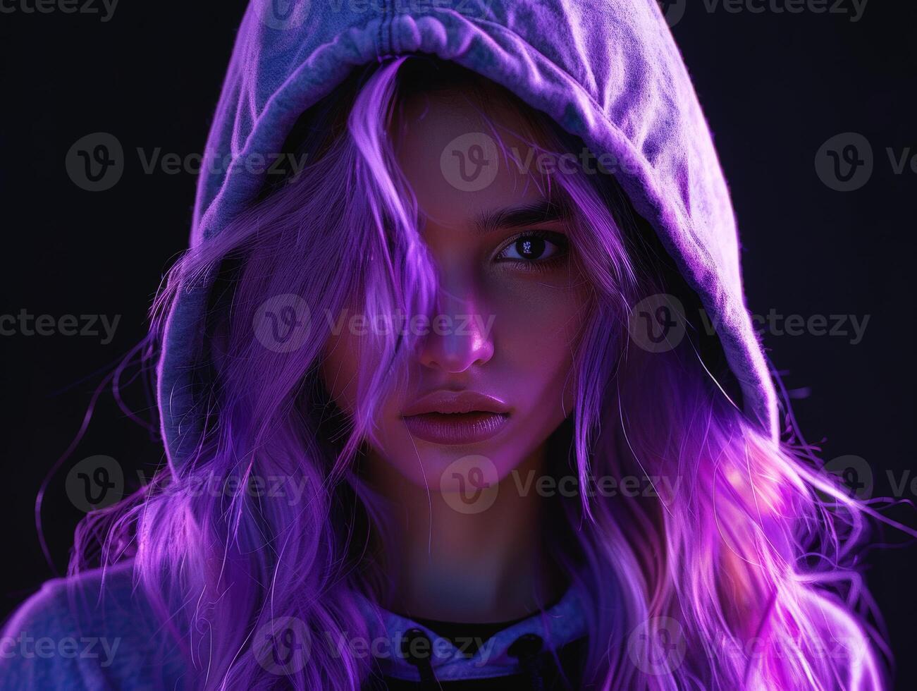 Woman With Purple Hair Wearing Hoodie photo