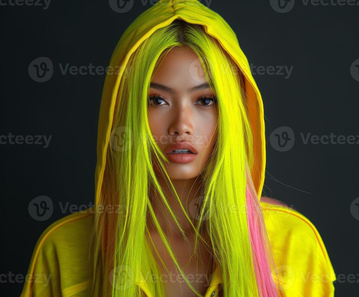 Woman With Bright Yellow Hair in Yellow Hoodie photo