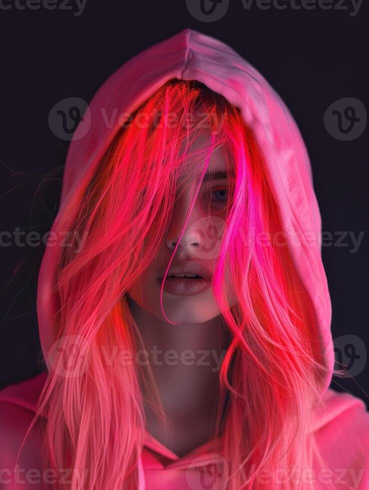 Woman With Pink Hair Wearing a Hoodie photo