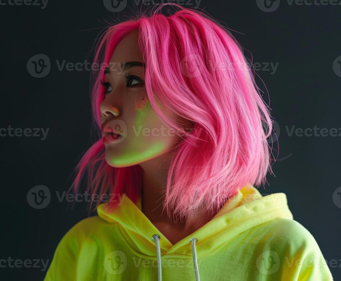 Woman With Pink Hair Wearing Neon Green Hoodie photo