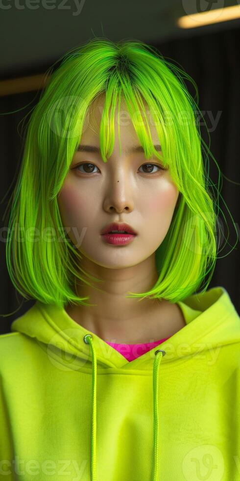 Woman With Green Hair Wearing Neon Green Hoodie photo