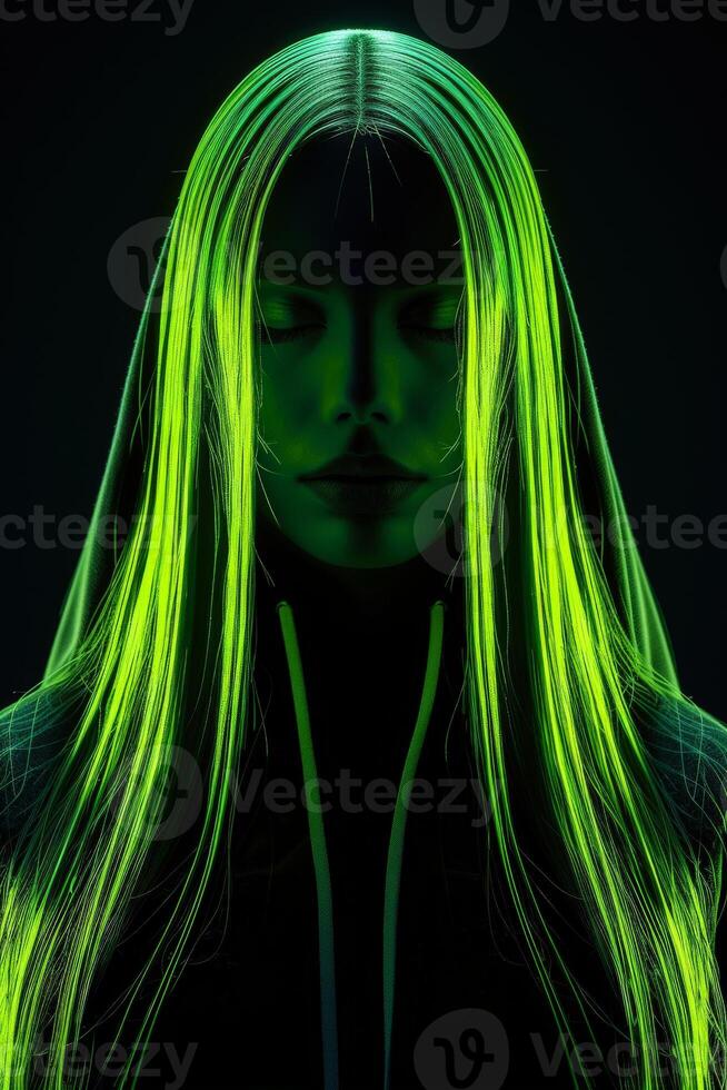 Indonesian Female Model With Long Hair and Neon Green Hair photo