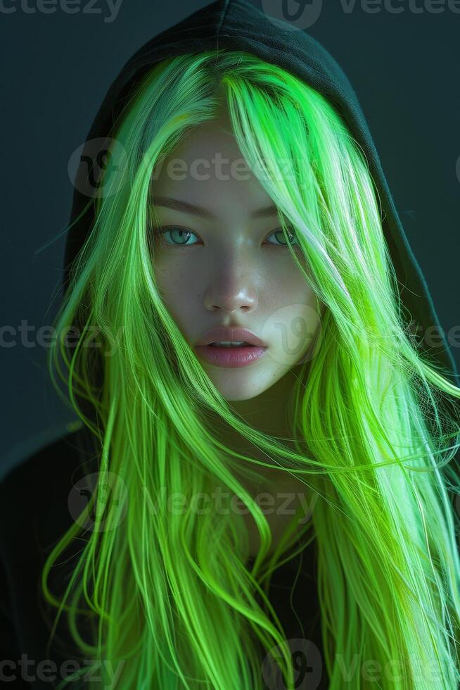 Woman With Green Hair and Black Hoodie photo