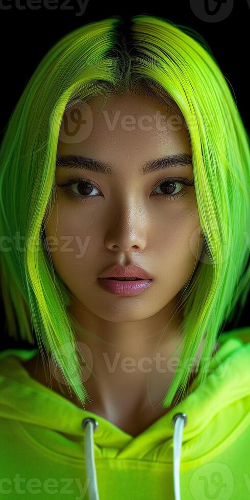 Woman With Green Hair Wearing Neon Green Hoodie photo