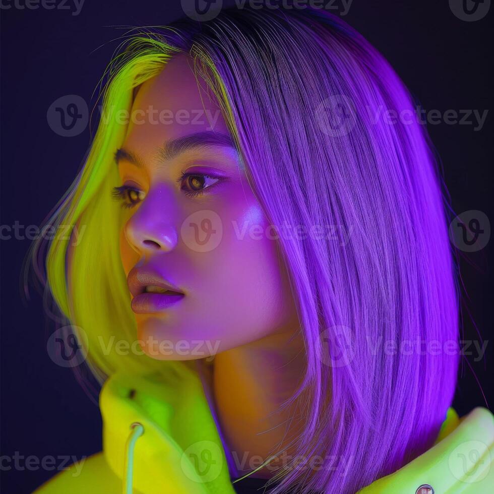 Woman With Purple Hair and Neon Lights photo