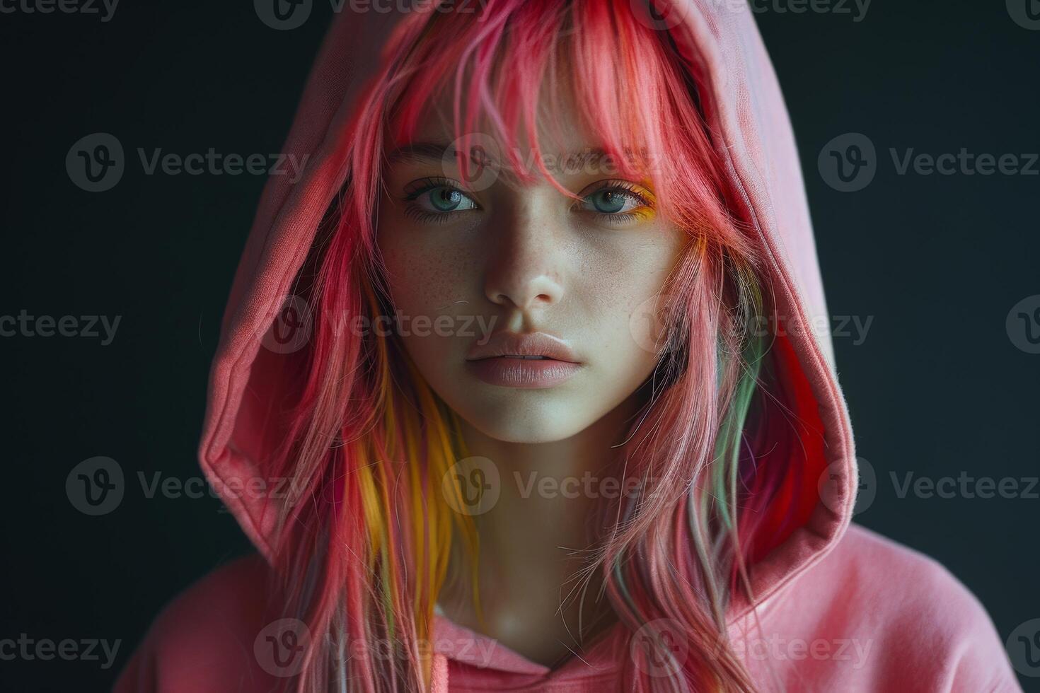 Stylish Indonesian Woman With Pink Hair and Hoodie photo