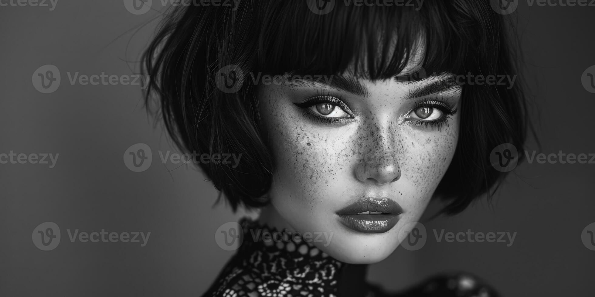 Freckled hair woman in black and white photo