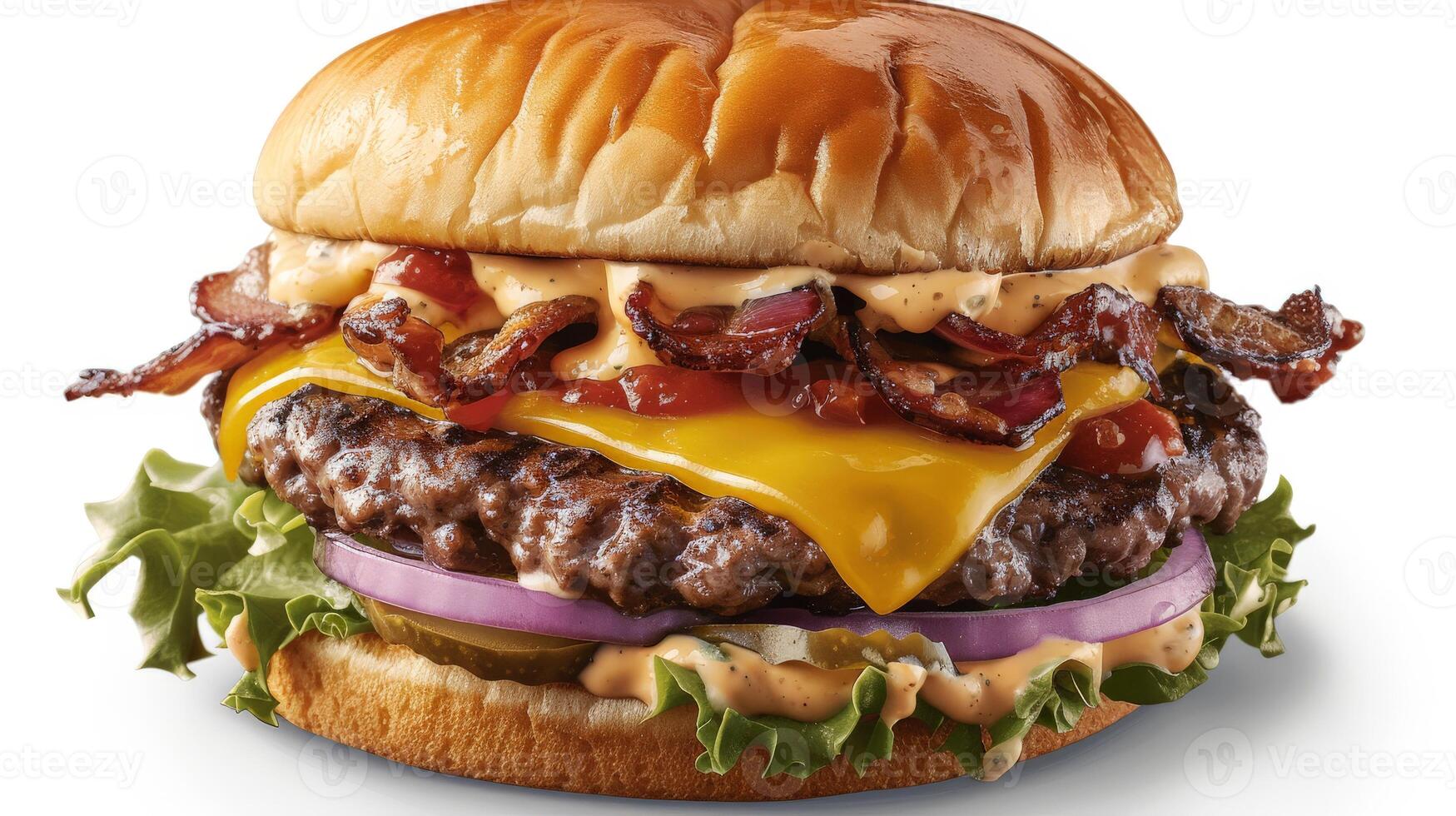 Delicious cheeseburger with bacon, lettuce, and tomato photo