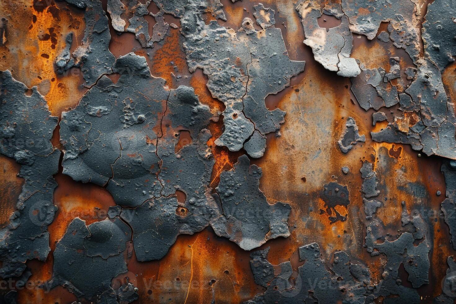 Deteriorating rusted metal surface with peeling paint photo