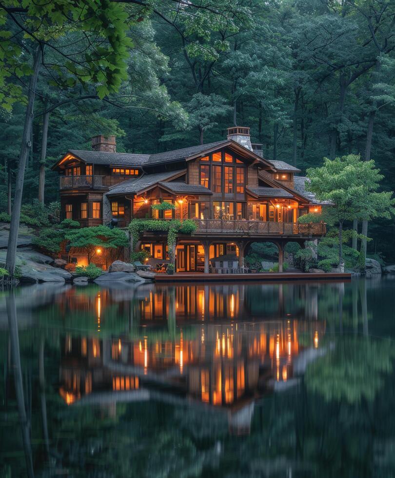 Large house sits on lake photo
