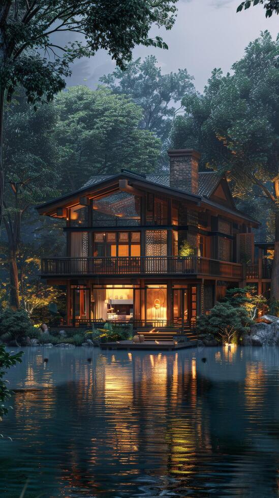 Large house overlooking lake by forest photo