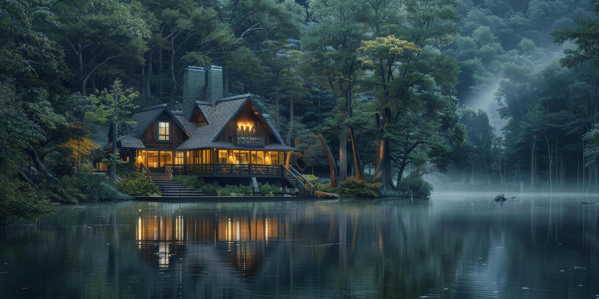 House floating in middle of lake photo