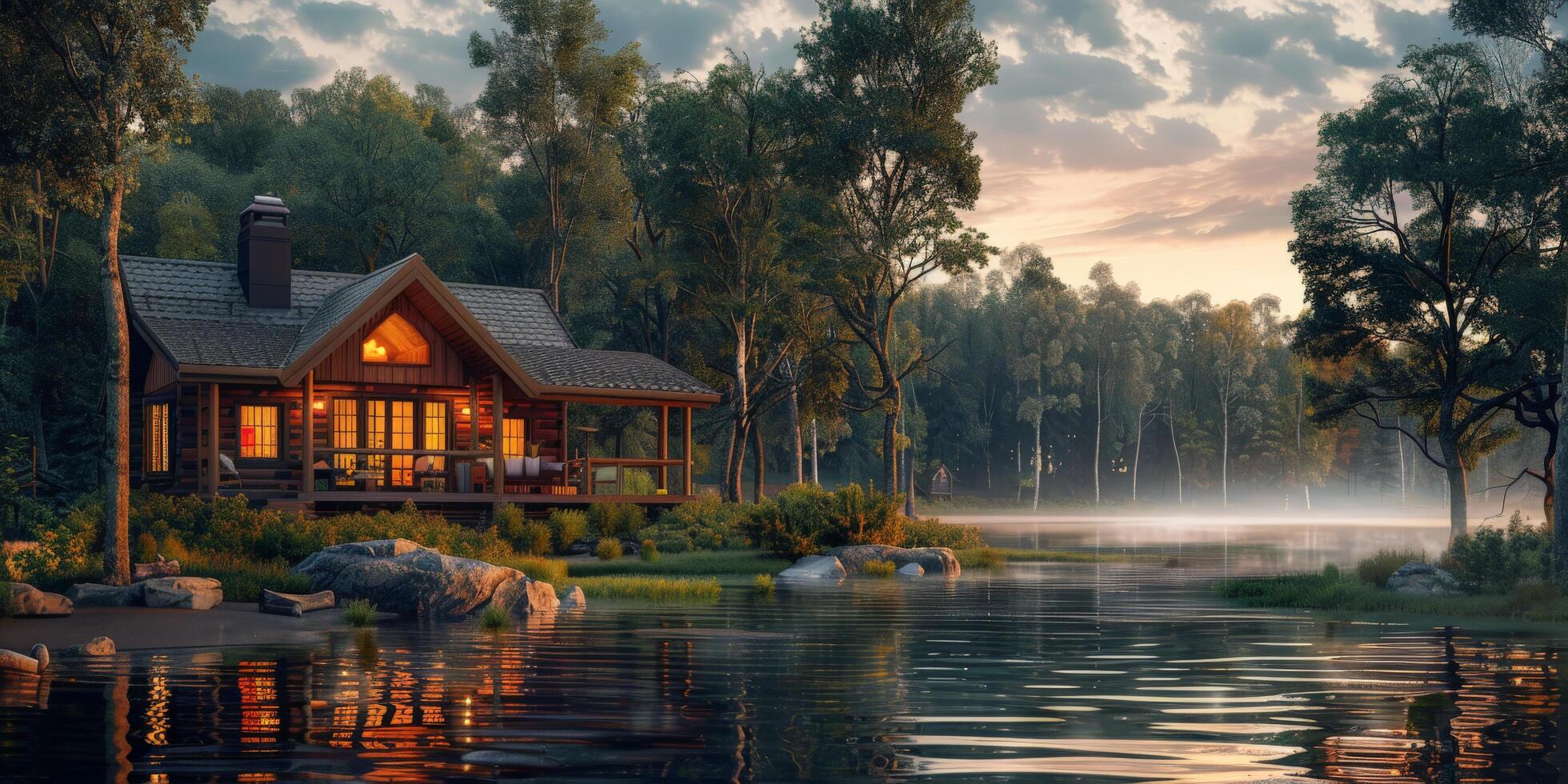 Cabin by a lake painting photo