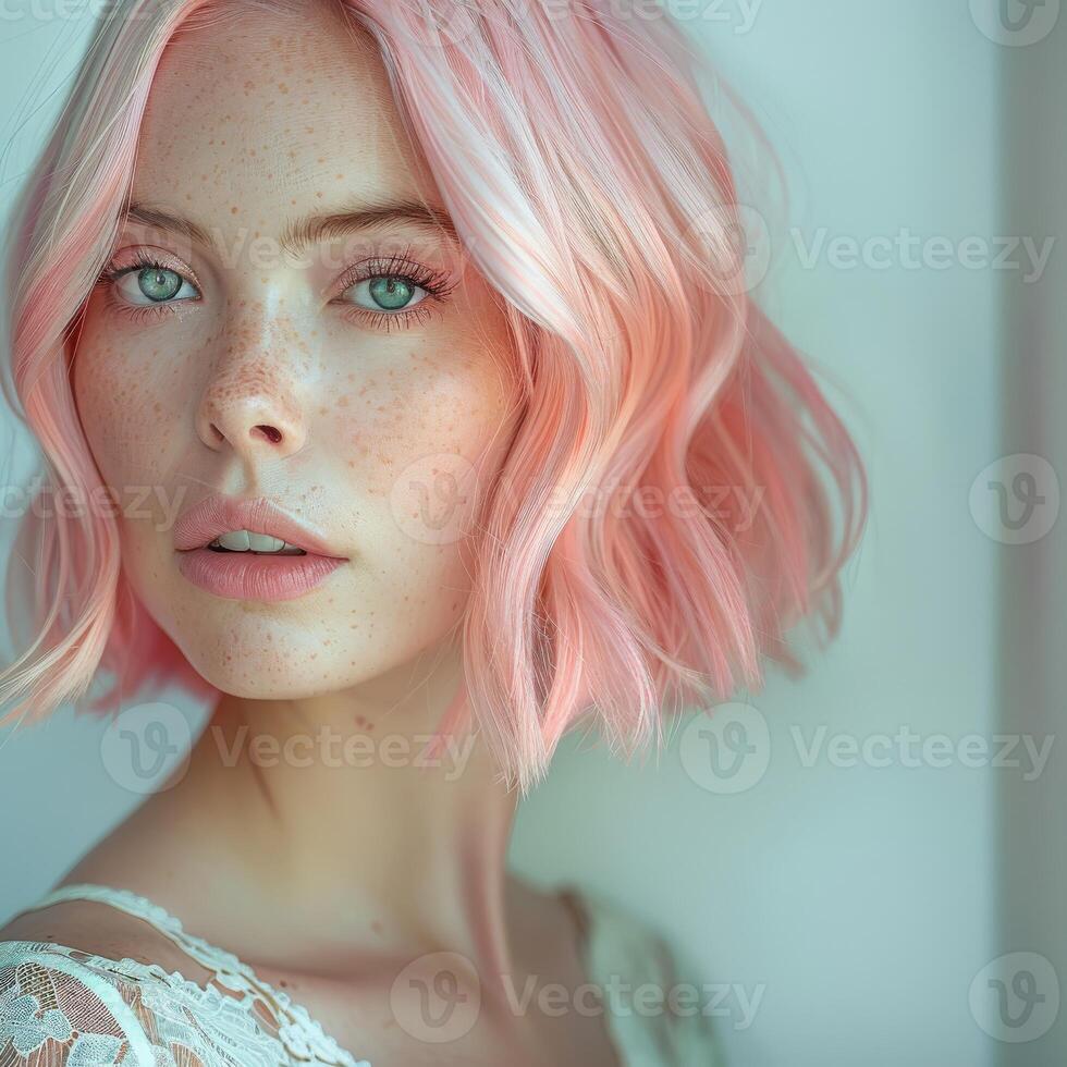 Woman with pink hair and blue eyes photo