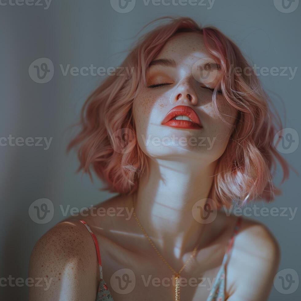 Woman with pink hair and orange lipstick photo