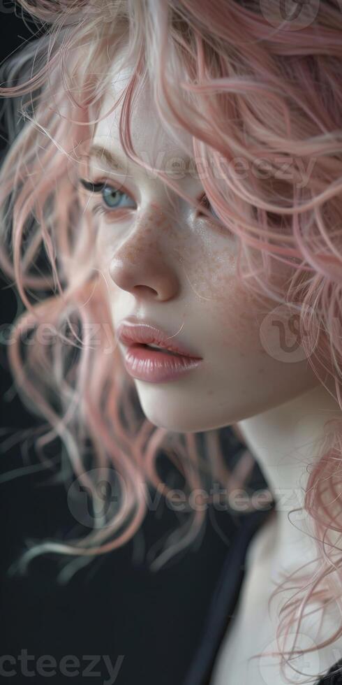 Close up of a woman with pink hair photo