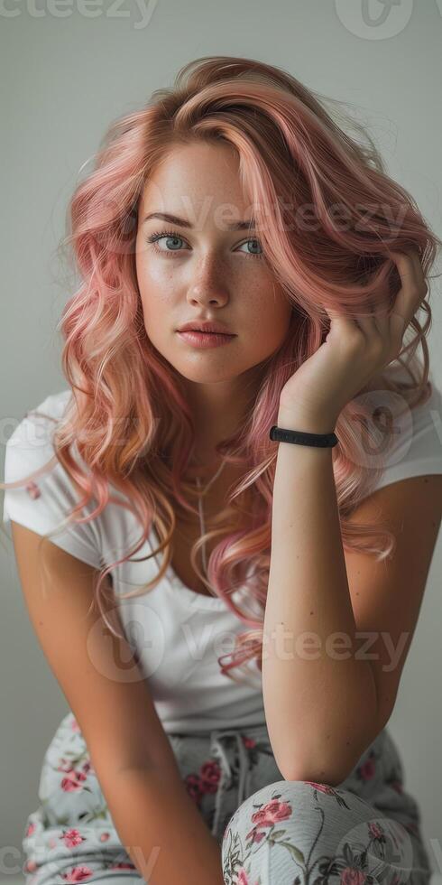 Woman with pink hair sitting on bed photo