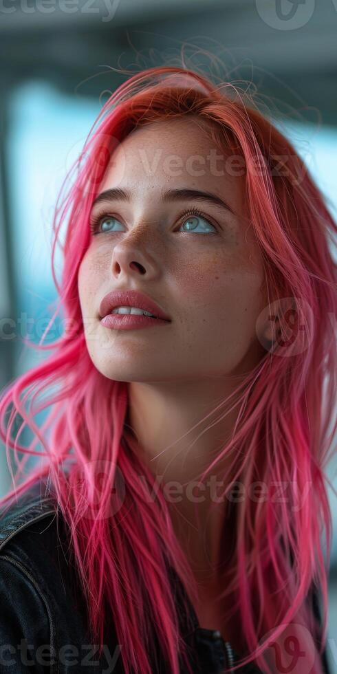 Woman with pink hair and blue eyes photo
