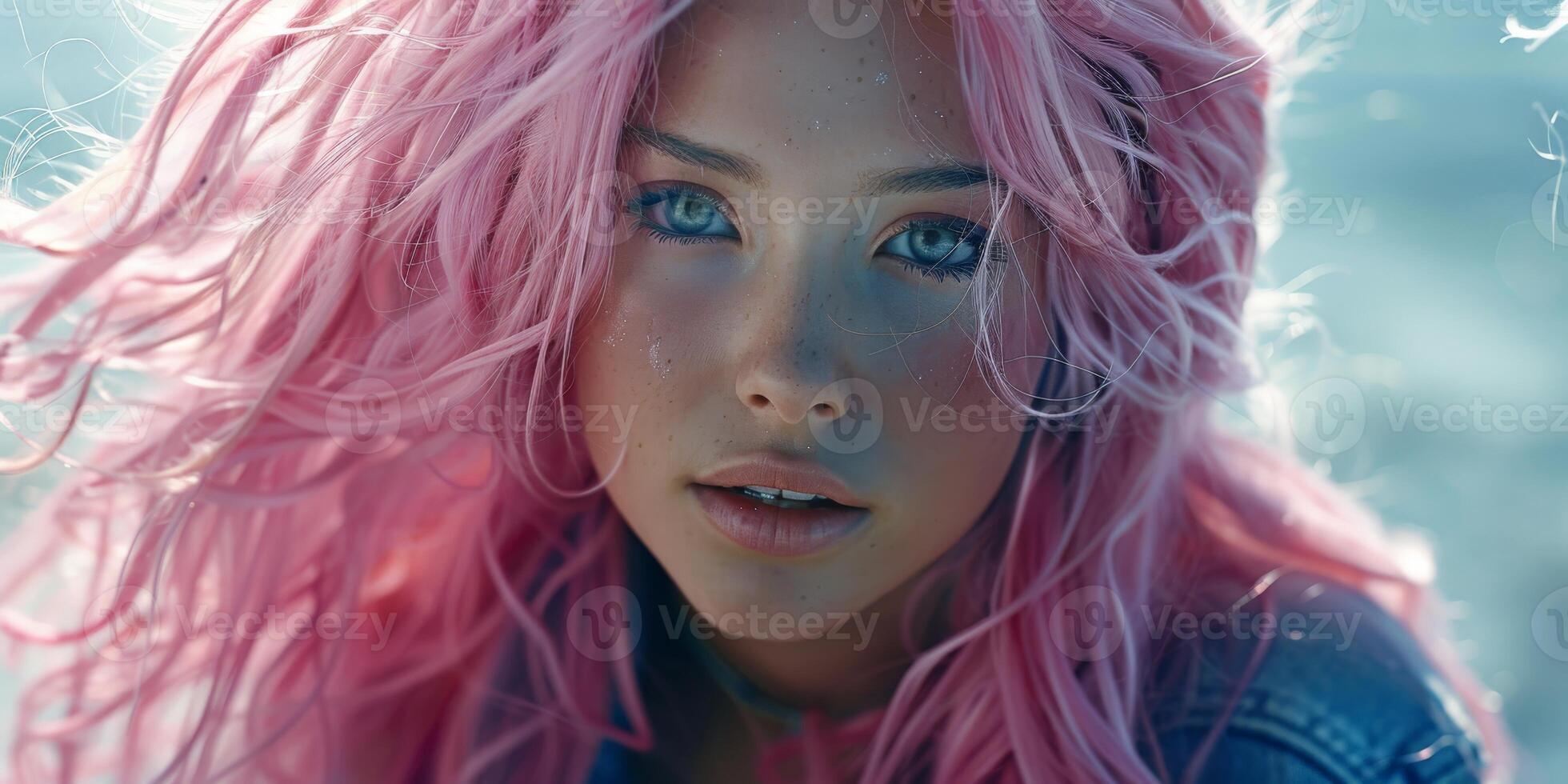 Close up portrait of a person with pink hair photo