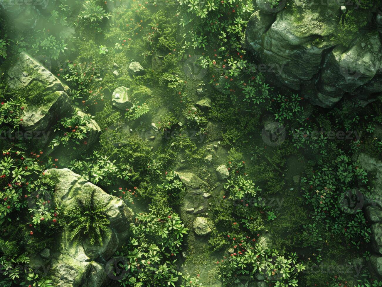 Aerial view of jungle with rocks and plants photo