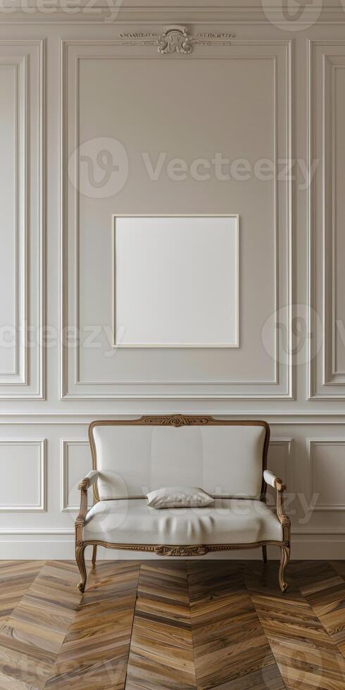 A minimalist room with a couch and picture frame photo