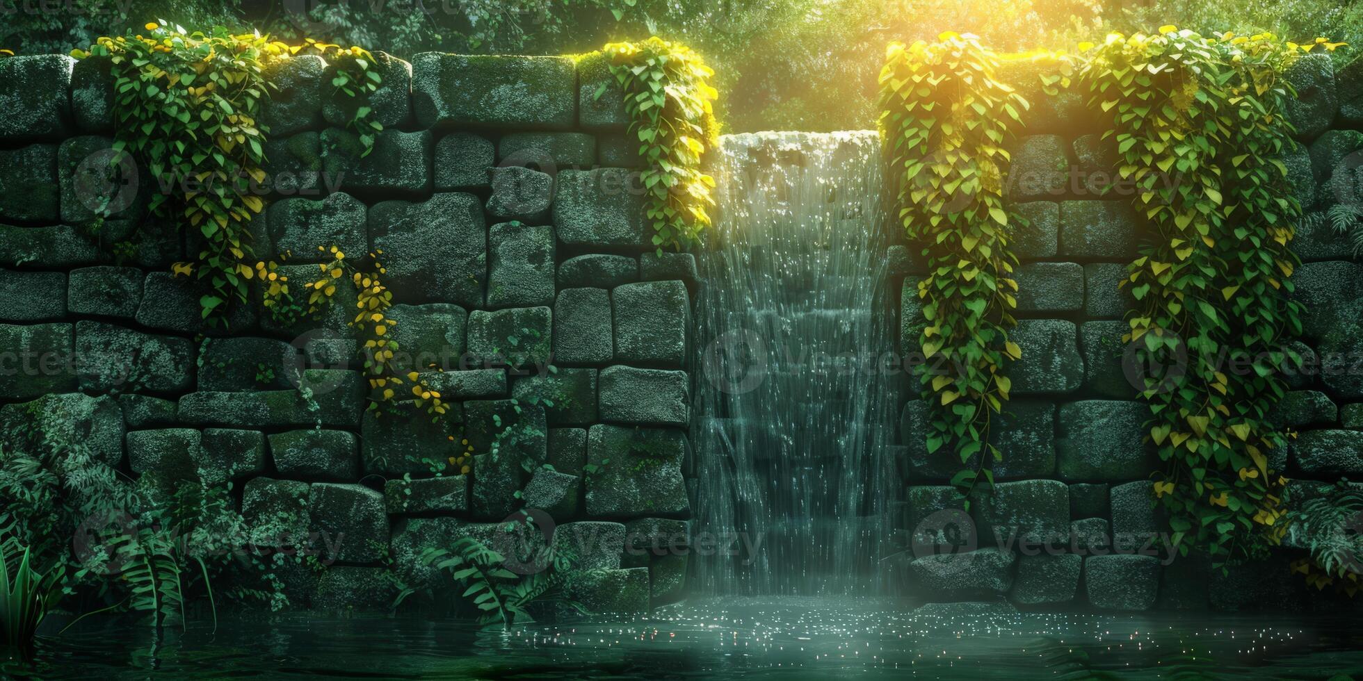 A waterfall flowing through lush green forest photo