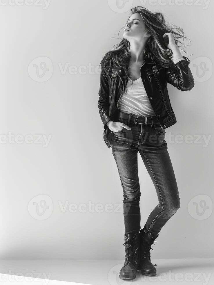 Woman in leather jacket posing for picture photo