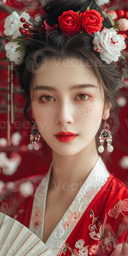 Woman in red kimono with flowers on her head photo