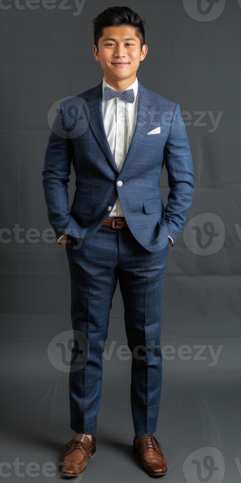 Dapper man in blue suit and bow tie photo