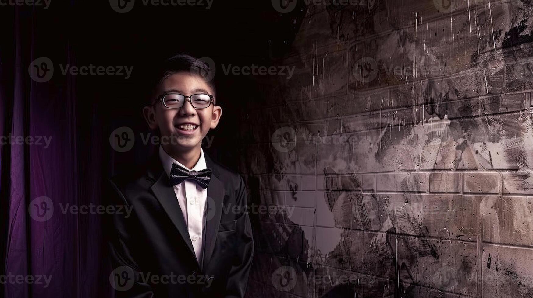 Man in tuxedo standing in front of brick wall photo