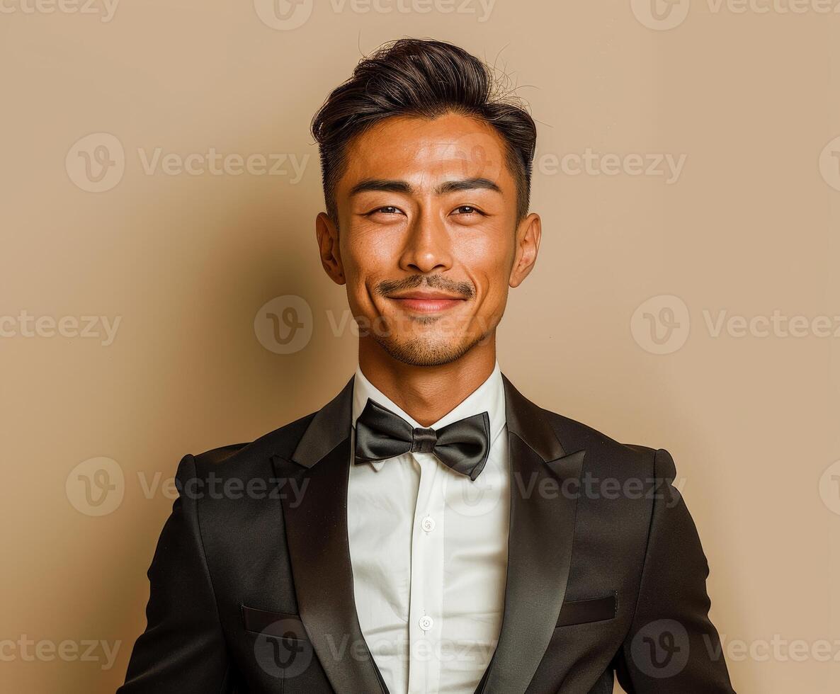 Man in tuxedo poses for picture photo