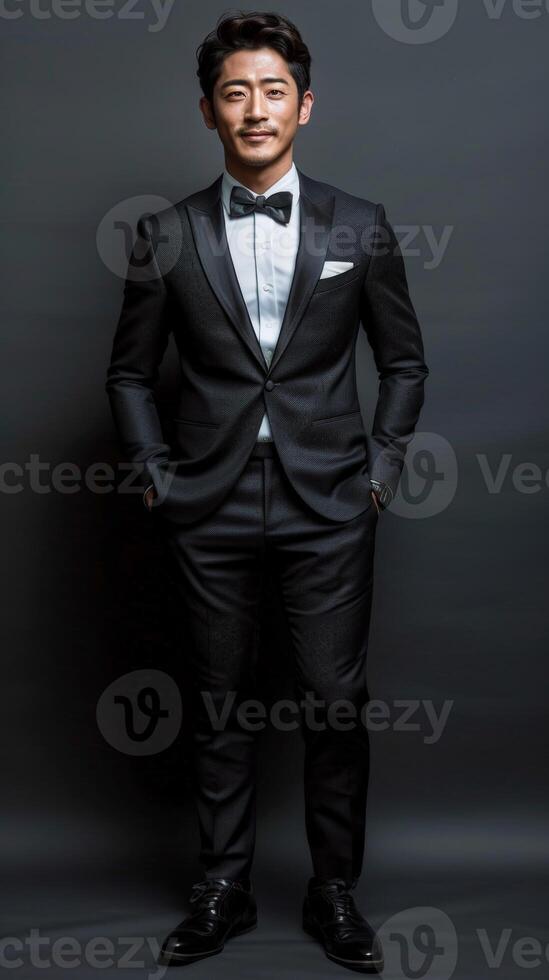 Man in tuxedo poses for picture photo