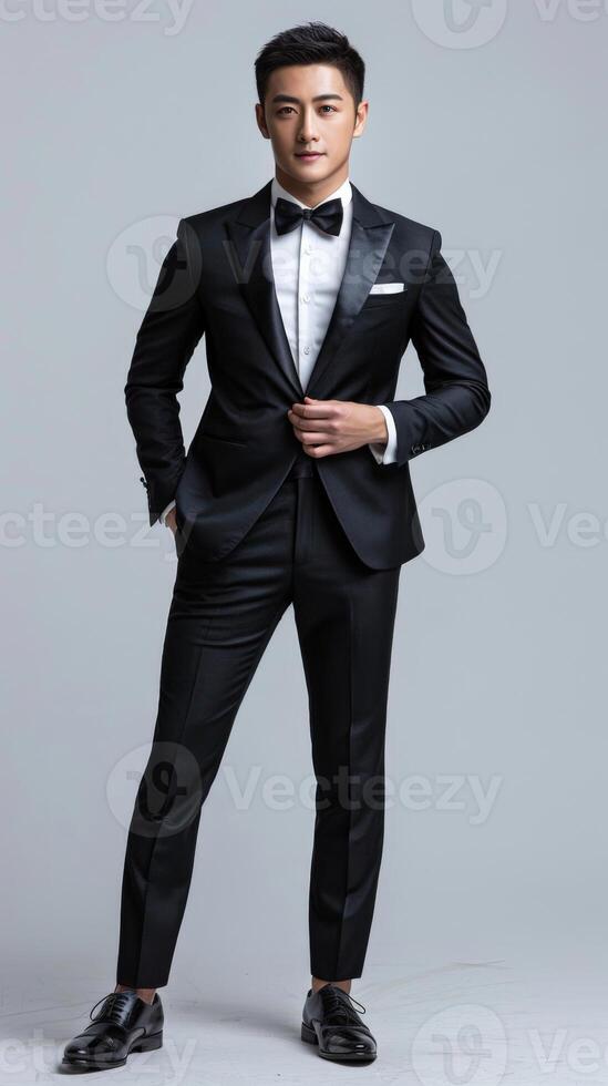 Man in tuxedo poses for picture photo