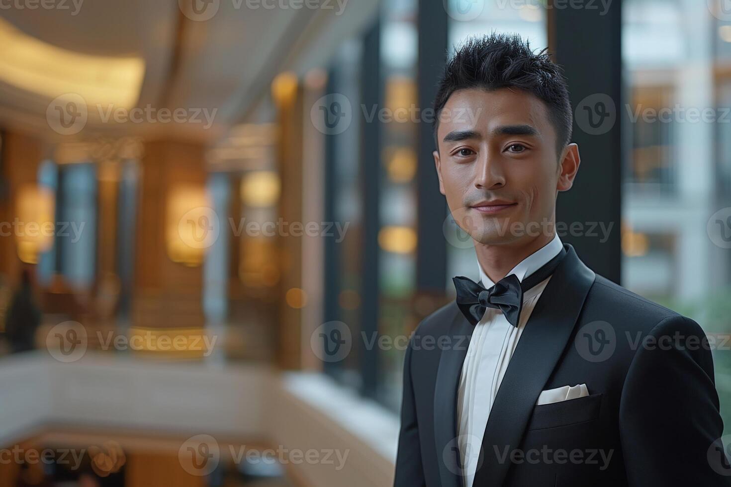 Man in tuxedo standing in lobby photo