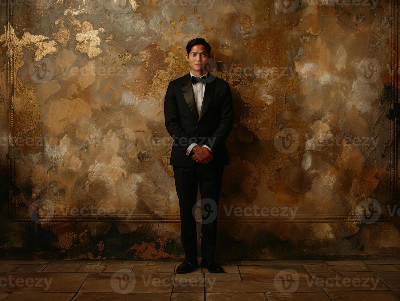 Man in tuxedo standing in front of wall photo