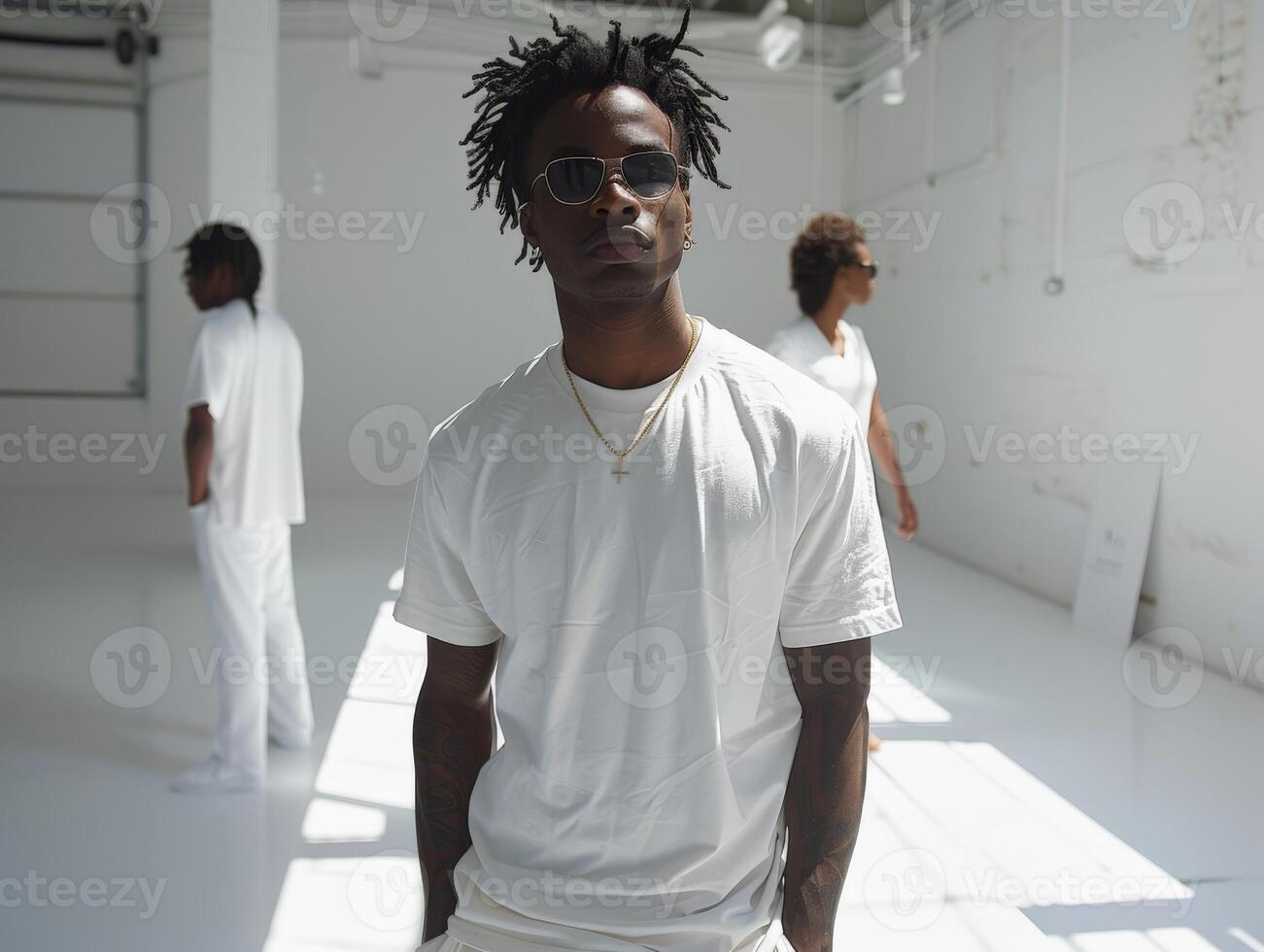 Man with dreadlocks standing in white room photo