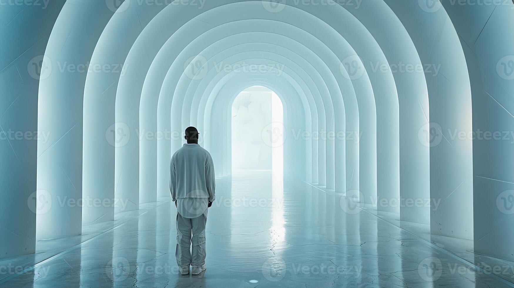 Man standing in tunnel of white columns photo